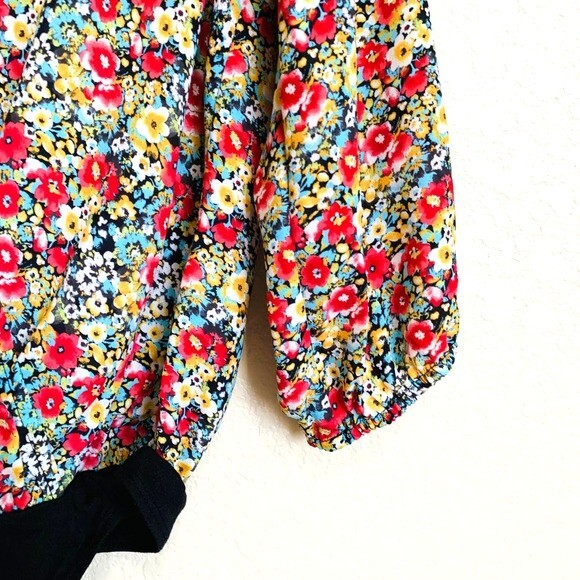 Pleione red bodysuit women floral faux wrap style deep neckline size S - Picture 7 of 9